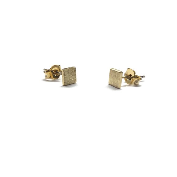 Tiny Square Gold Brushed Stainless Steel Metal Sterling silver Post Earrings - Picture 4 of 4